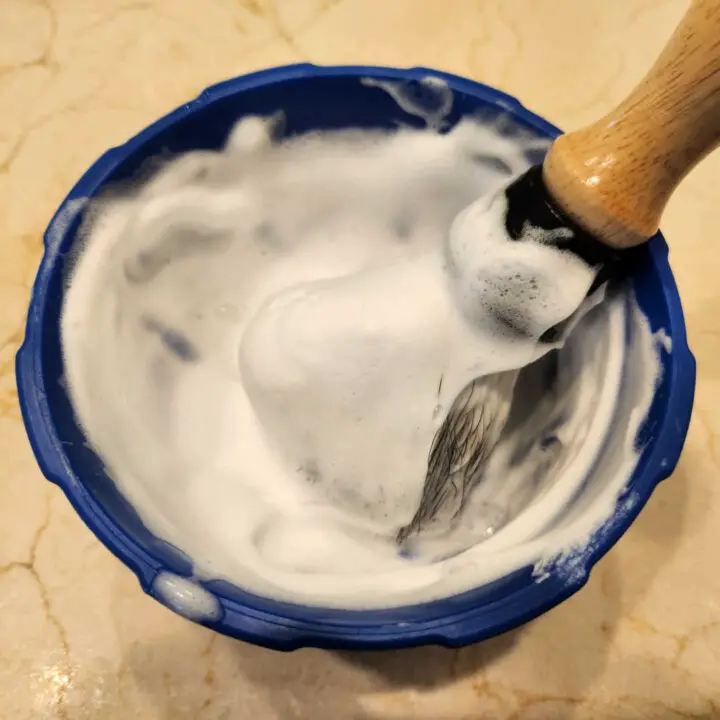 nancy boy shave cream lather in bowl with brush