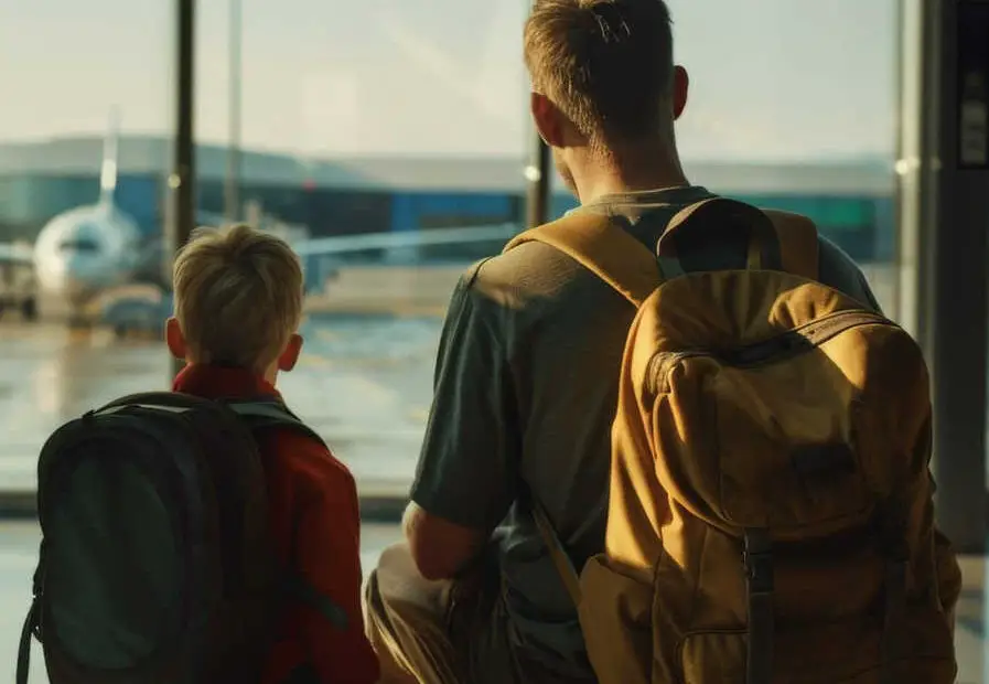 man and boy waiting at airport