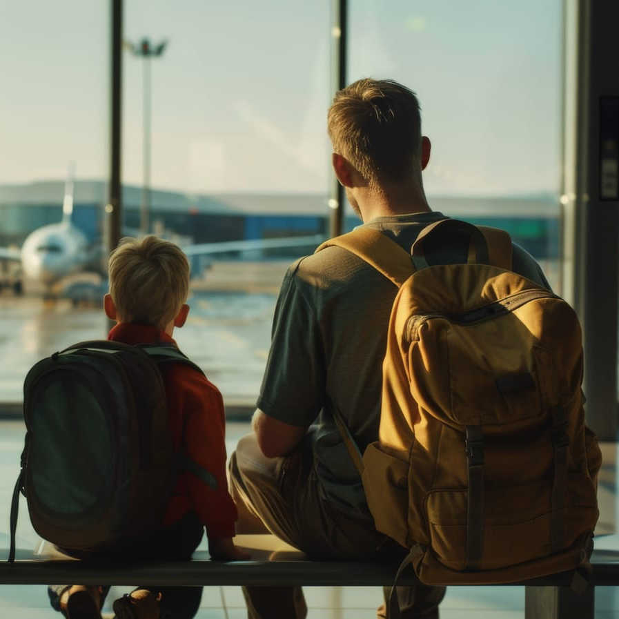 man and boy waiting at airport