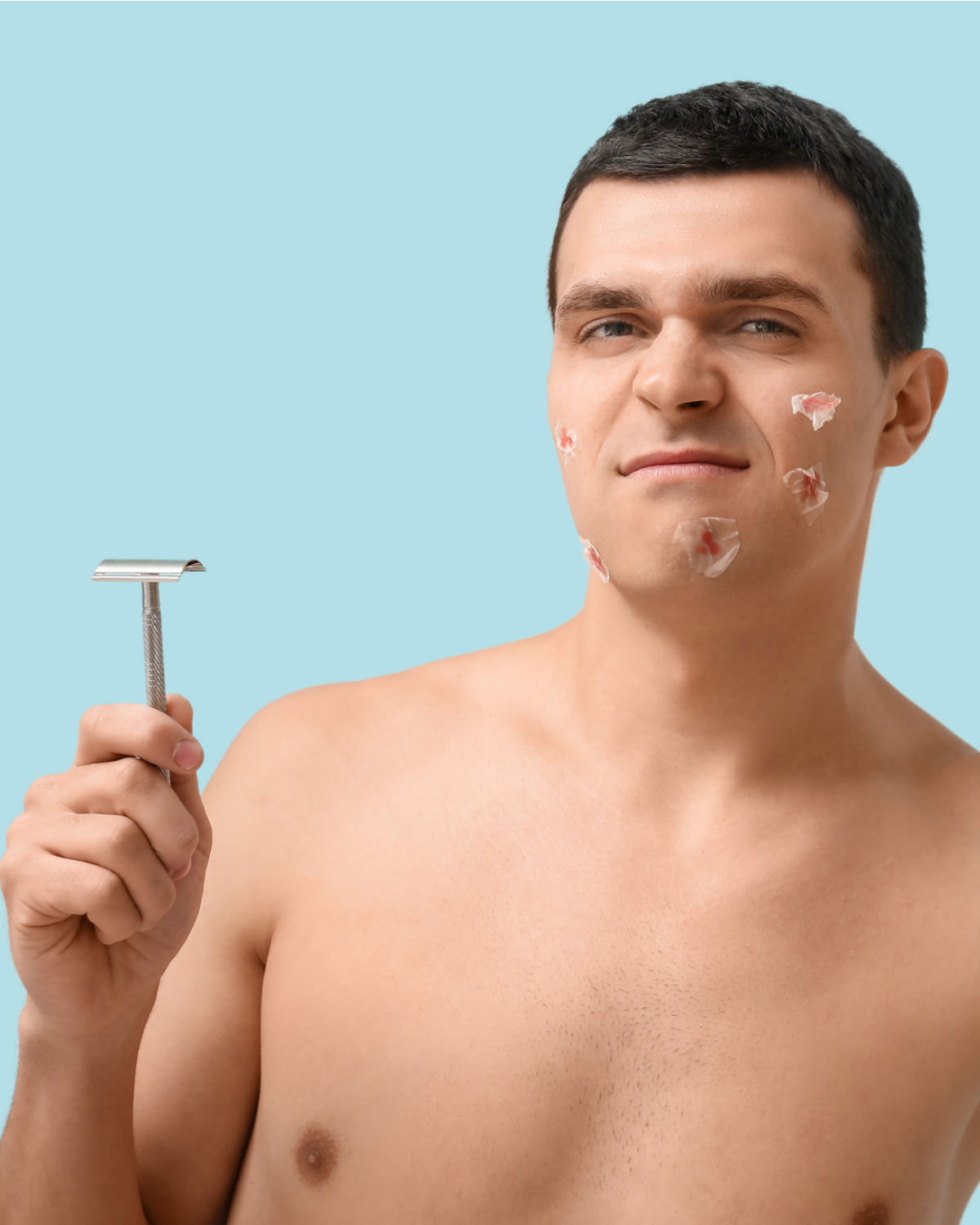 man having shaving trouble
