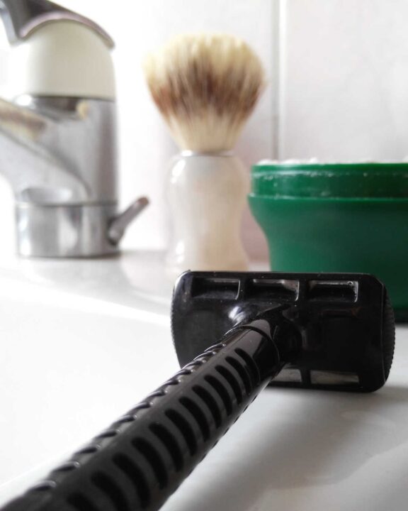 double edge razor next to sink