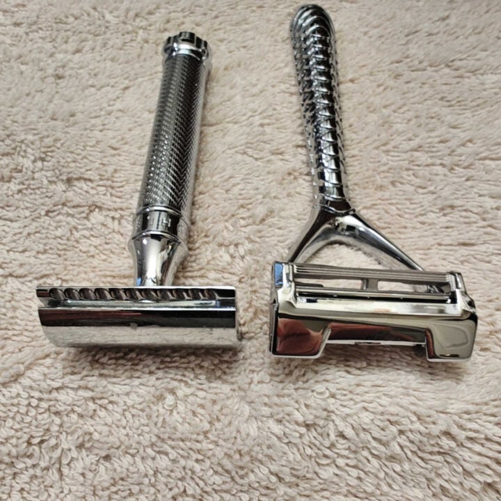 traditional double edge razor next to Leaf 2 razor